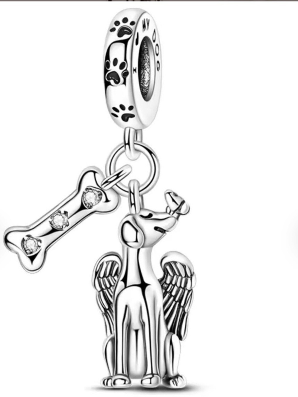 🐾 925 Angel Dog & Crystal Bone Dangle Charm I Love My Dog